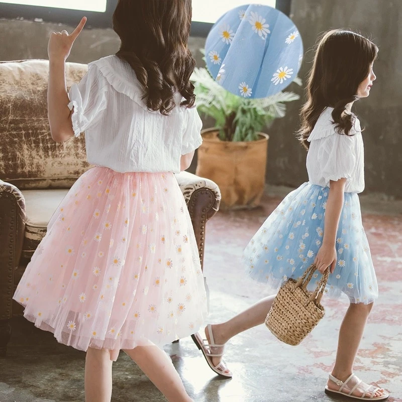 2024 Summer New Fashion Toddler Girls Flower Tutu Skirts Fresh Color Casual Bottomst Cute Daisy School Girl Mesh Skirt 3-12T