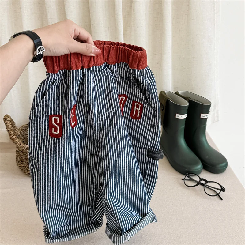 2024 Autumn New Children Casual Pants Cotton Toddler Girls Letter Embroidery Striped Harem Pants Kids Boys Loose Trousers