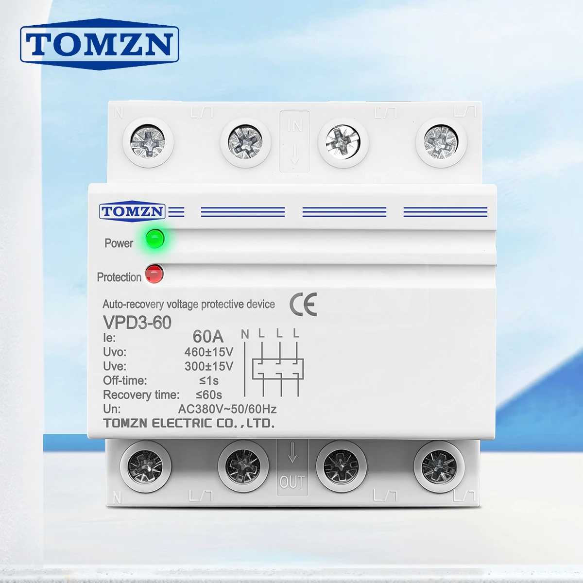 

TOMZN Auto-recovery Voltage Protective Device 60A 380VAC 50Hz 60Hz 3P+N Overvoltage Protector Undervoltage Protection Relay