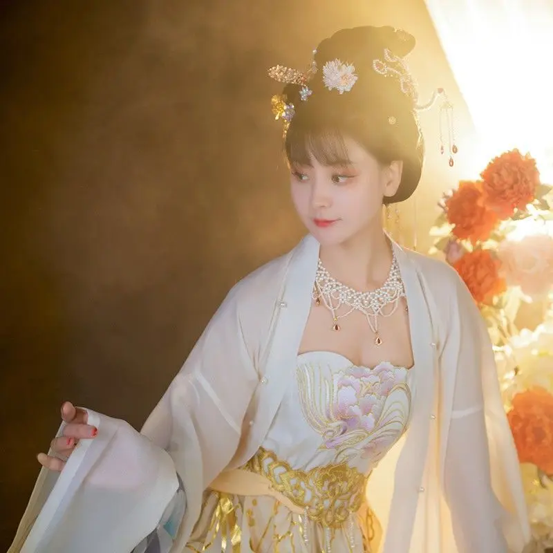 Chinese Traditional Tang Style Hanfu White Hezi Skirt With Large Sleeves Chinese Style Cosplay Costume