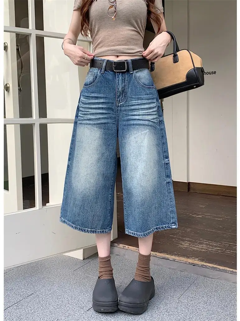 

American Retro Pleated Wide Leg Seven-Foot Denim Jeans Women Summer New High Waist Loose Straight Color Block Mid-Length Pants