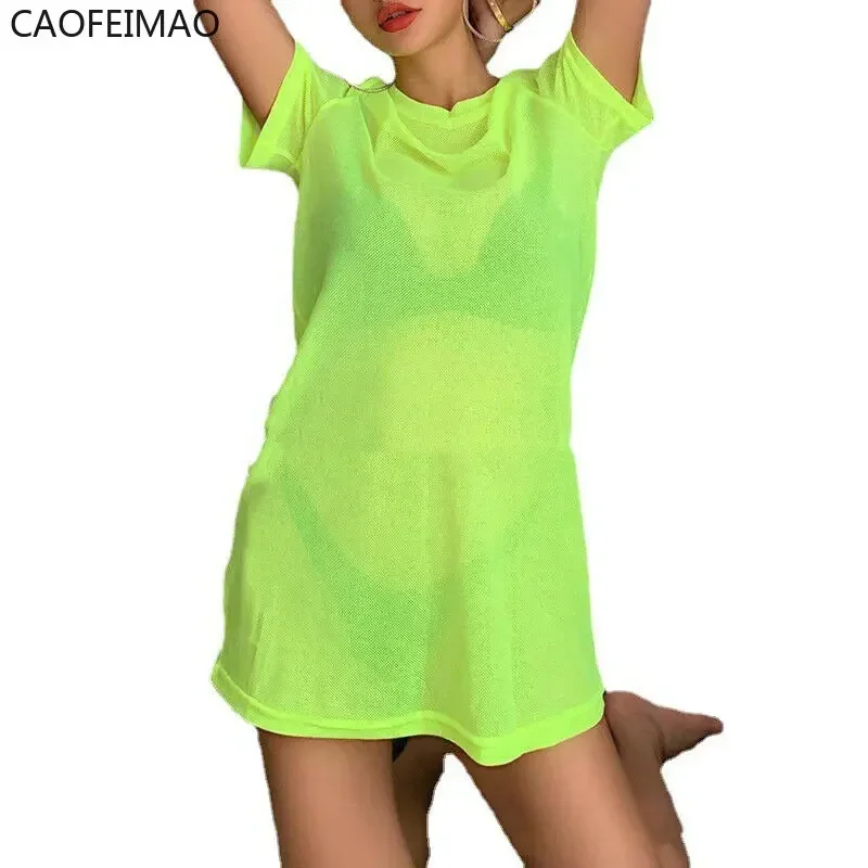 Sexy Women Sheer Mesh Bikini Cover Up Swimwear Swimsuit Bathing Suit See Through Short Sleeve T-shirt Tops Summer Beach Dress