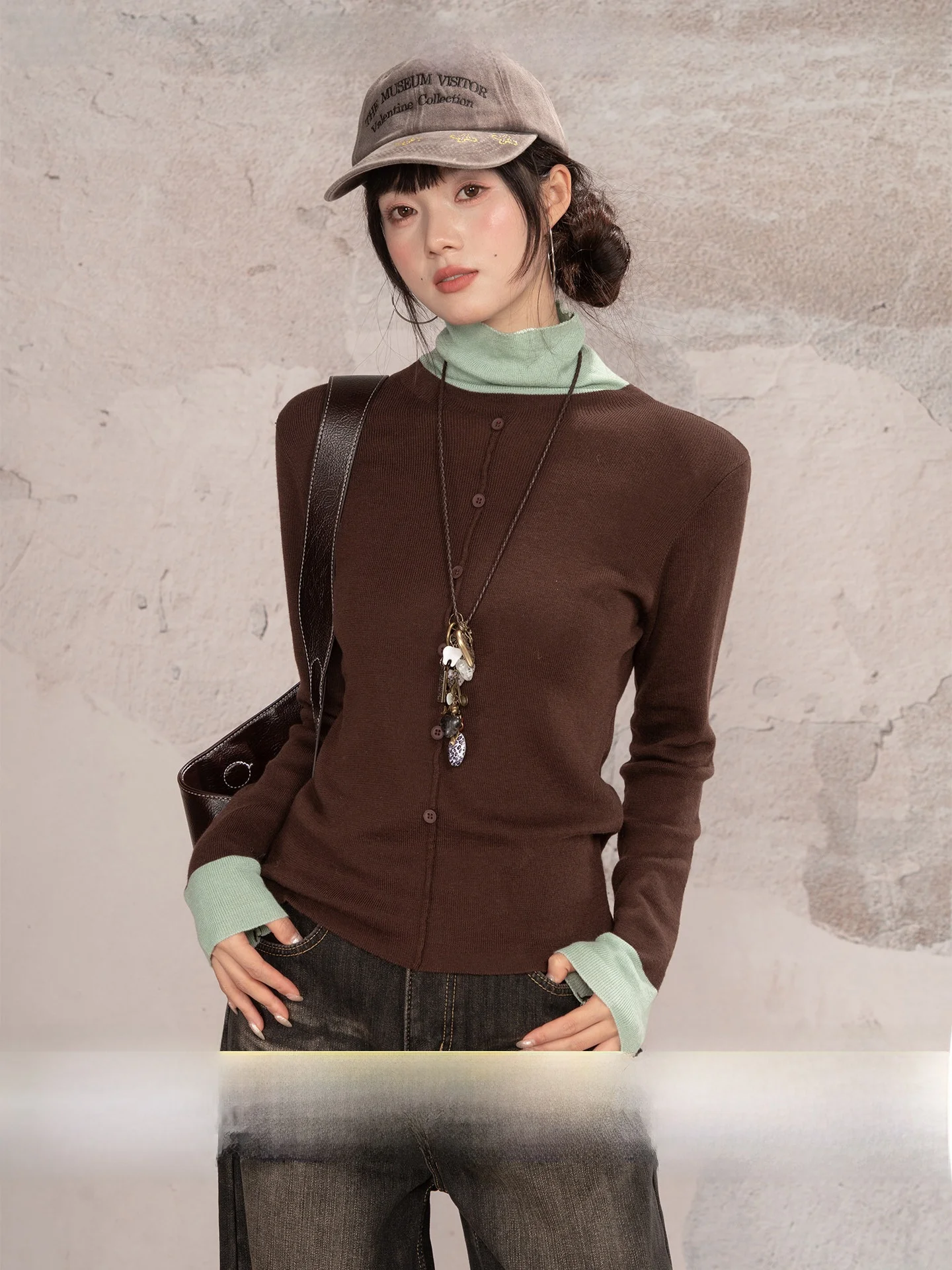 

Loveheynew Color Block High Neck Knitted Sweater Women's Slim Fit Base Layer Shirt Top Sweet Style Winter Fashion