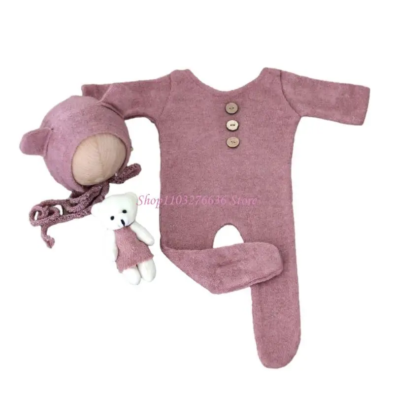 

R6FD очаровательный наряд для фотосъемки новорожденных, детские комбинезоны с шапкой-медведем и игрушкой, удобный наряд для