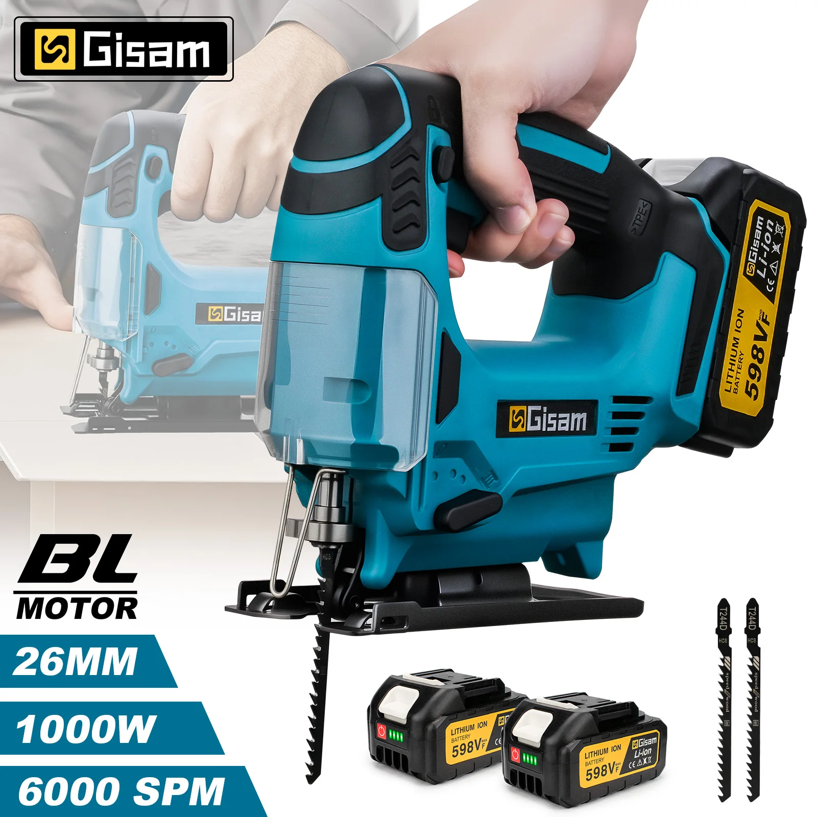 Gisam 26mm Akku-Stichsäge, multifunktionale Holzbearbeitungs-Schneidemaschine, tragbare Winkel-Stichsäge, Elektrowerkzeug für Makita 18V Akku