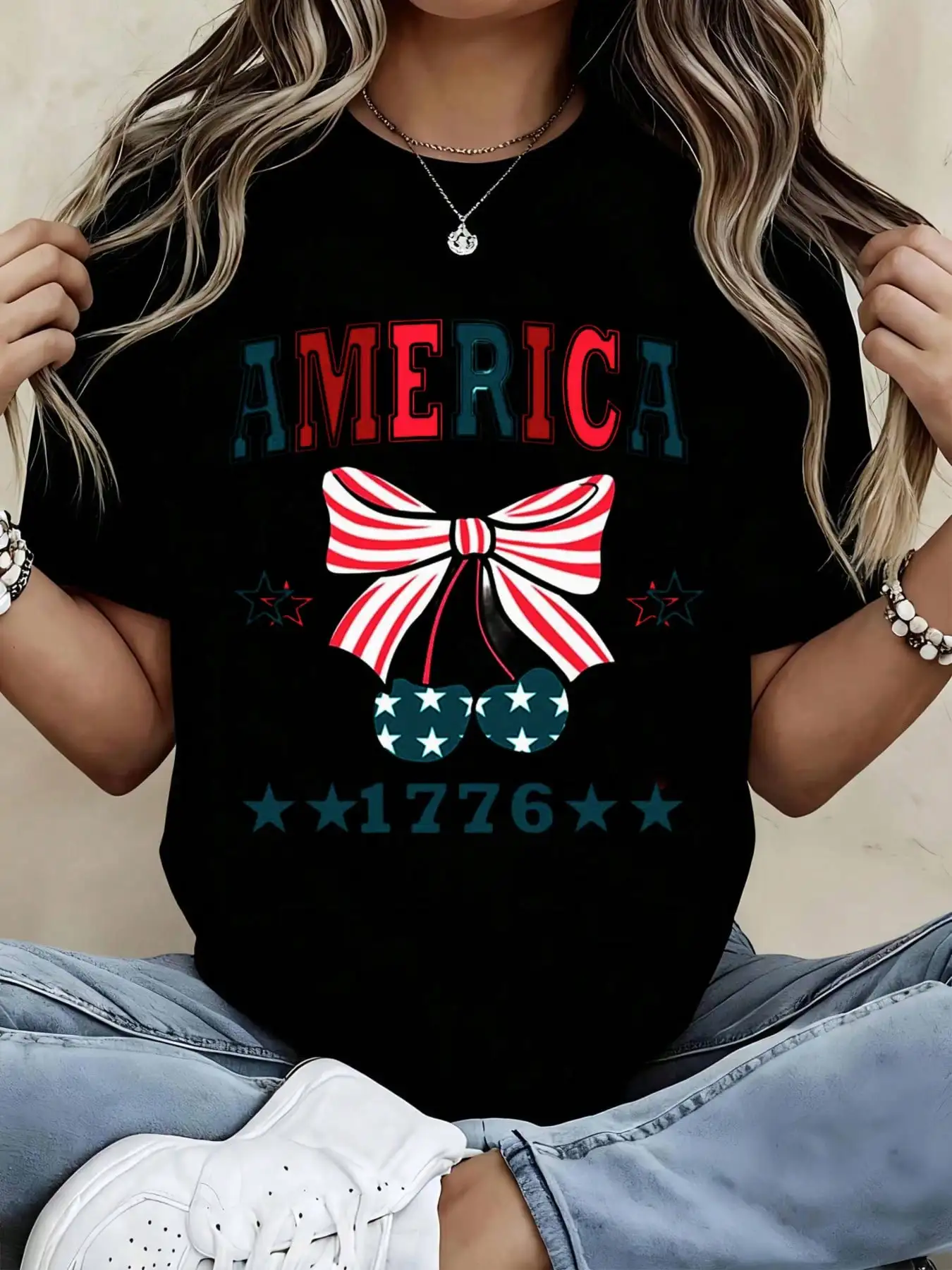Plus Size Women Casual Pure Cotton T-Shirt Retro America 1776 Cherry Coquette Bow US Flag Graphic Round Neck Short Sleeve Loose Top Non-See-Through Machine Washable Independence Day Seasonal Fashion Tee