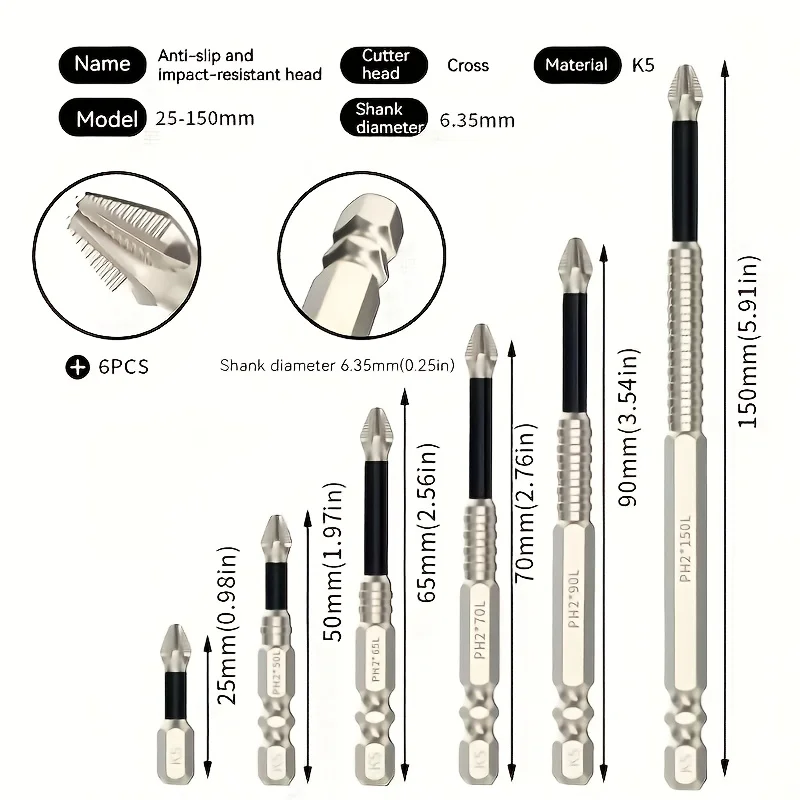 ‌6-Pc Magnetic Screwdriver Bits - Impact Resistant, Anti-Slip K5 Cross, 6.35mm Hex for Electric/Manual Drills‌