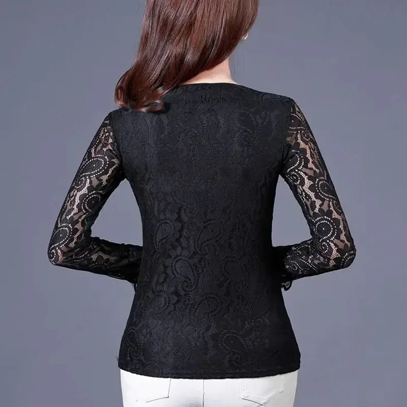 1pcs Women's Blouses Tops 2024 Spring Lace PU Leather Embroidery Splicing Hollow Long Sleeve Primer Ladies Skinny Retro Shirts