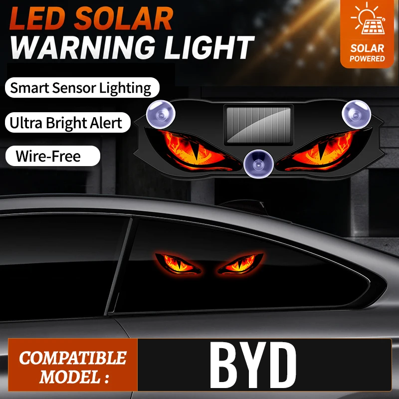 Fits For BYD Car Mounted LED Devil Eye Blinking Light Vibration Sensor Wireless Dynamic Anti Rear End Collision Solar Light