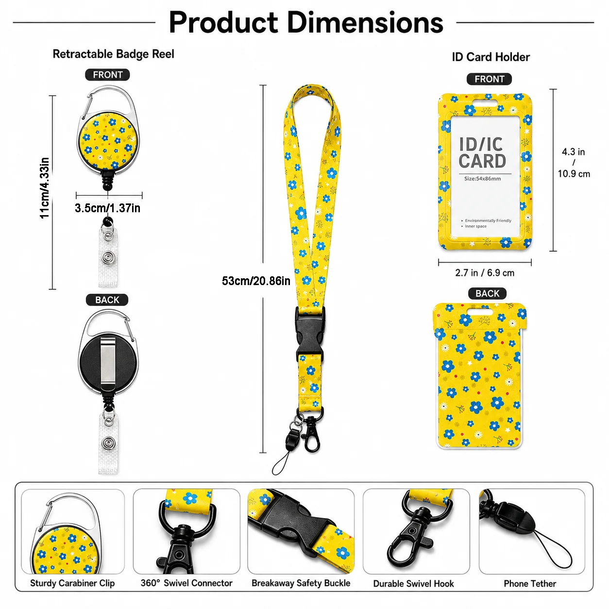 4pcs Retractable ID Badge Holder Set, Yellow Floral Lanyard with Badge Reel, Slide-Open Card Case, Swivel Hook & Phone Strap