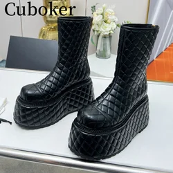 Luxury Brand 2023 Autumn Mesh Leather Ankle High Waterproof Platform Women's Boots Round Toe Zipper High Heels Women's Boots