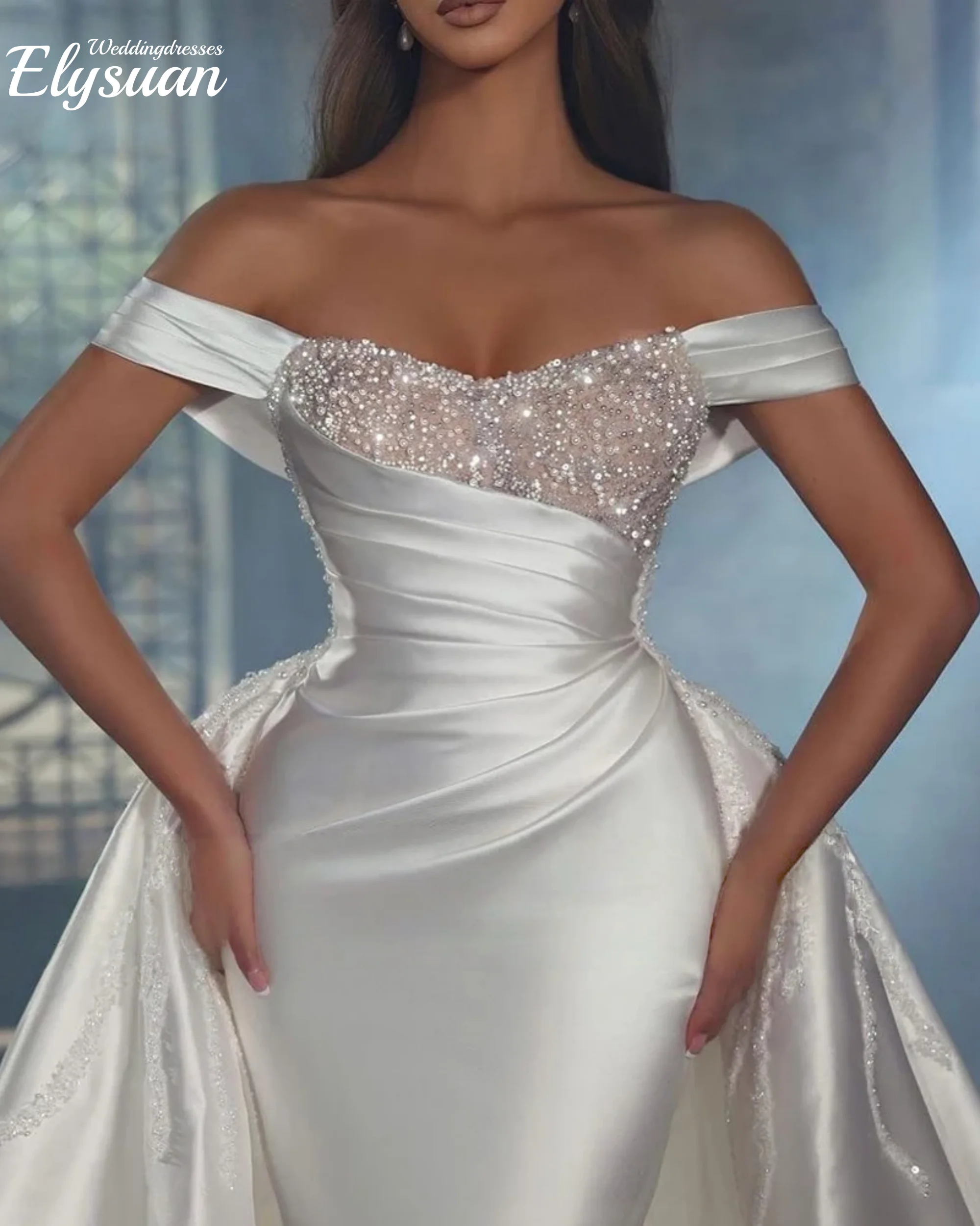 

Customized weddingdress Off Shoulder Satin Wedding Dress for Bride Luxury Mermaid Pearls Bead with Detachable Skirt Bridal Gowns