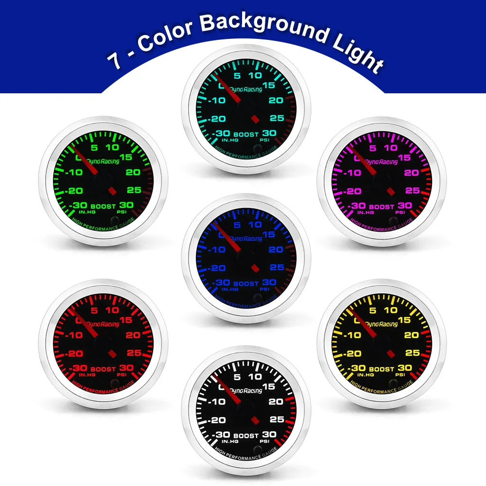 Dynoracing 2 \'\'52mm 12V Turbo Boost Gauge PSI 7 colori Pointer Boost Gauge con motore passo-passo