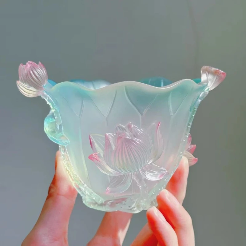 

Ancient glazed blue gradual change lotus cup tea room desktop ornament jewelry