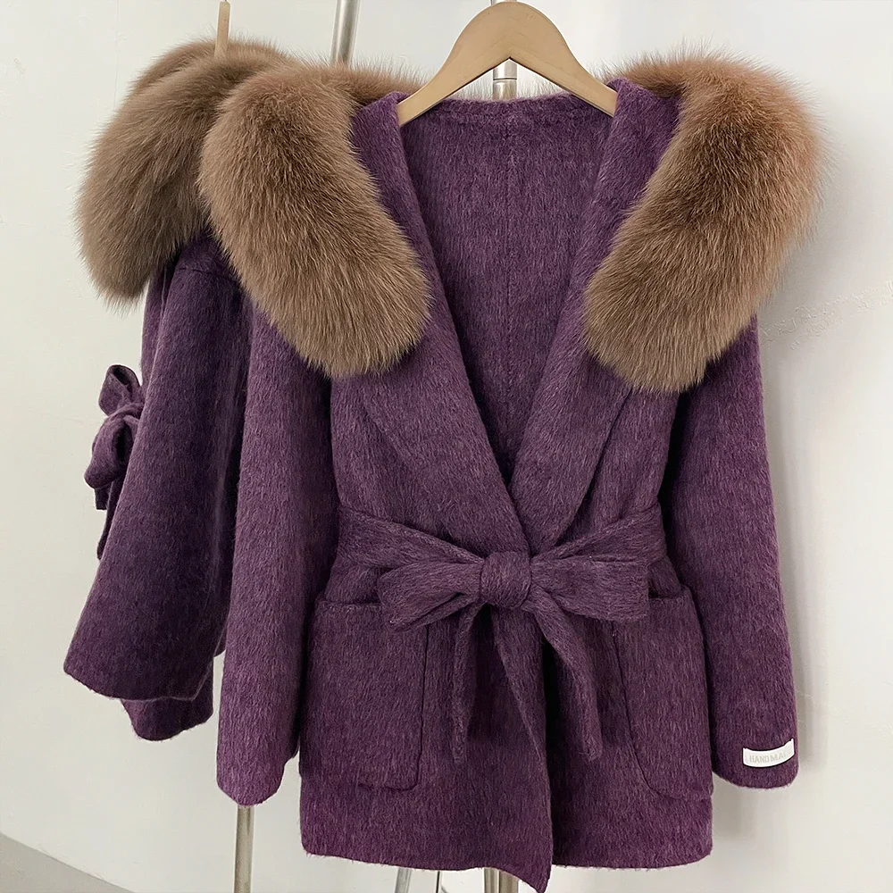 OFTBUY Winter Warme Dicke Wollbekleidung Luxuriöser Taillierter Damen-Wollmantel mit Gürtel und Echtem Pelzkragen Kapuzen-Wollmantel für Damen – Detail 25