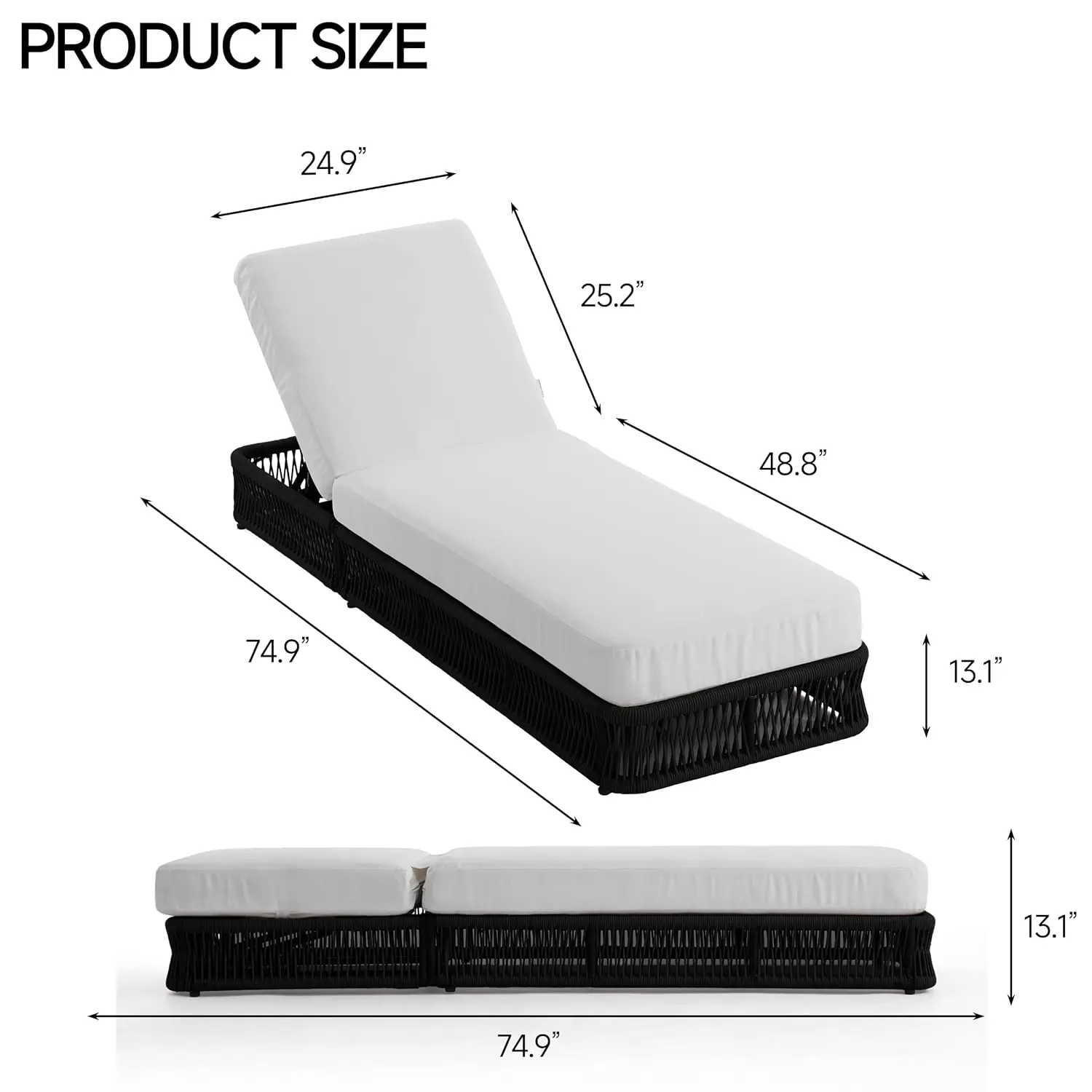 5-Position Adjustable Chaise Lounge, All-Weather Woven Rope Recliner with 5 Inch Cushion, Patio Lounge  Customized