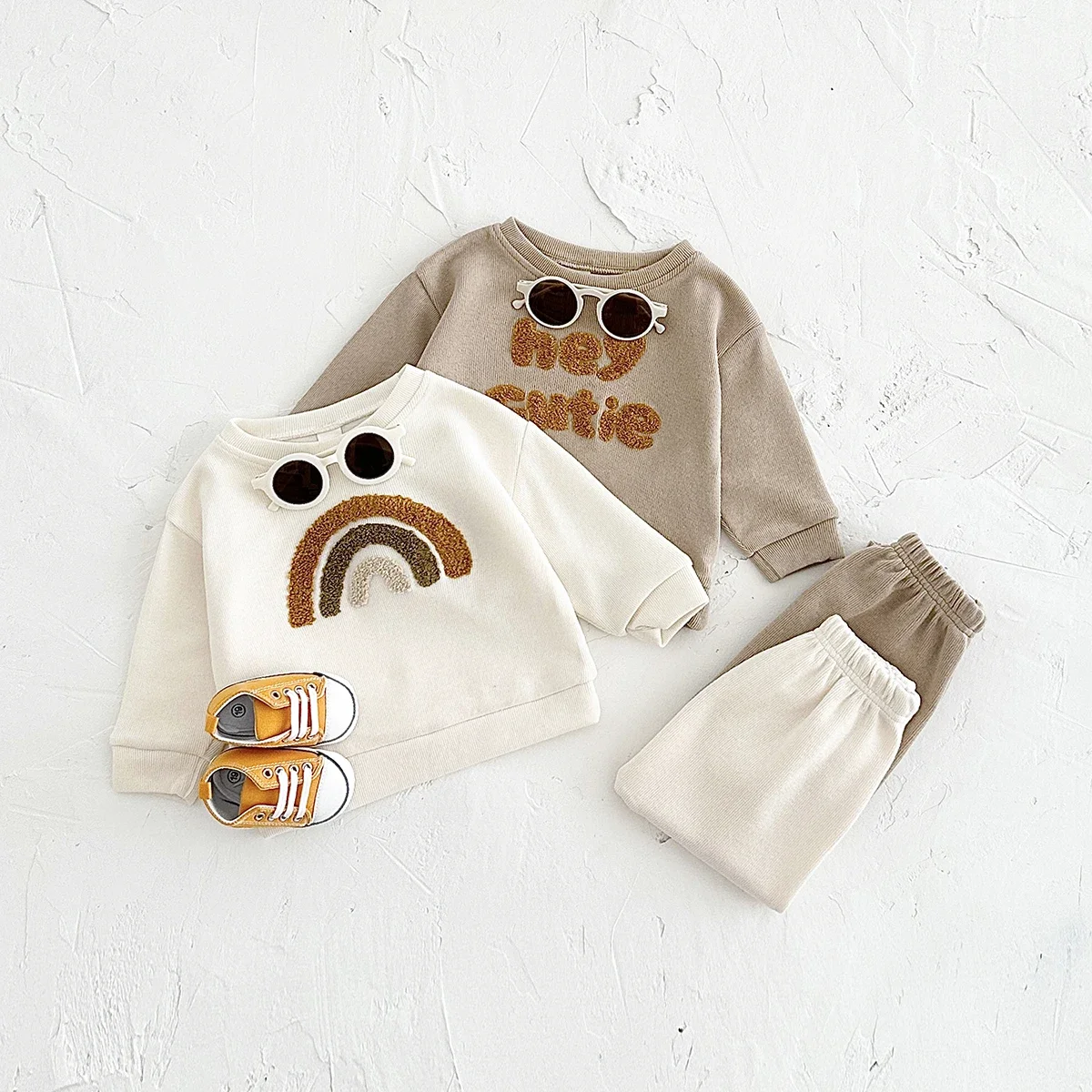 Unisex Baby Waffle Knit Sweatshirt Spring Rainbow Letter Towel Embroidery Long Sleeve Pullover Toddler Casual Top