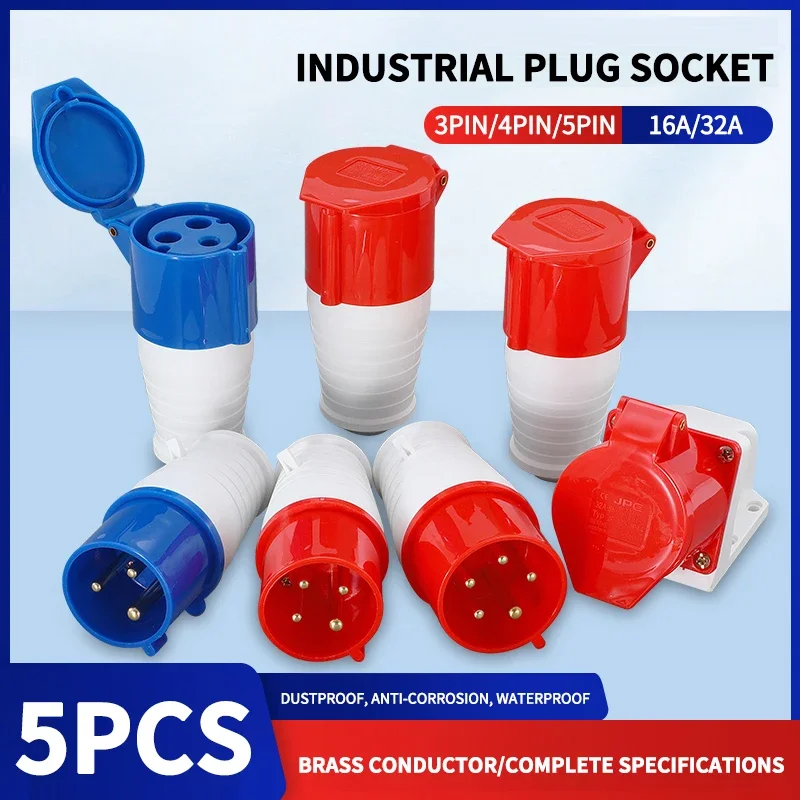 

5Pcs Industrial Plug and Socket Waterproof Connector 3PIN 4PIN 5PIN 16A/32A Waterproof Electrical Connection Wall Mount Socket