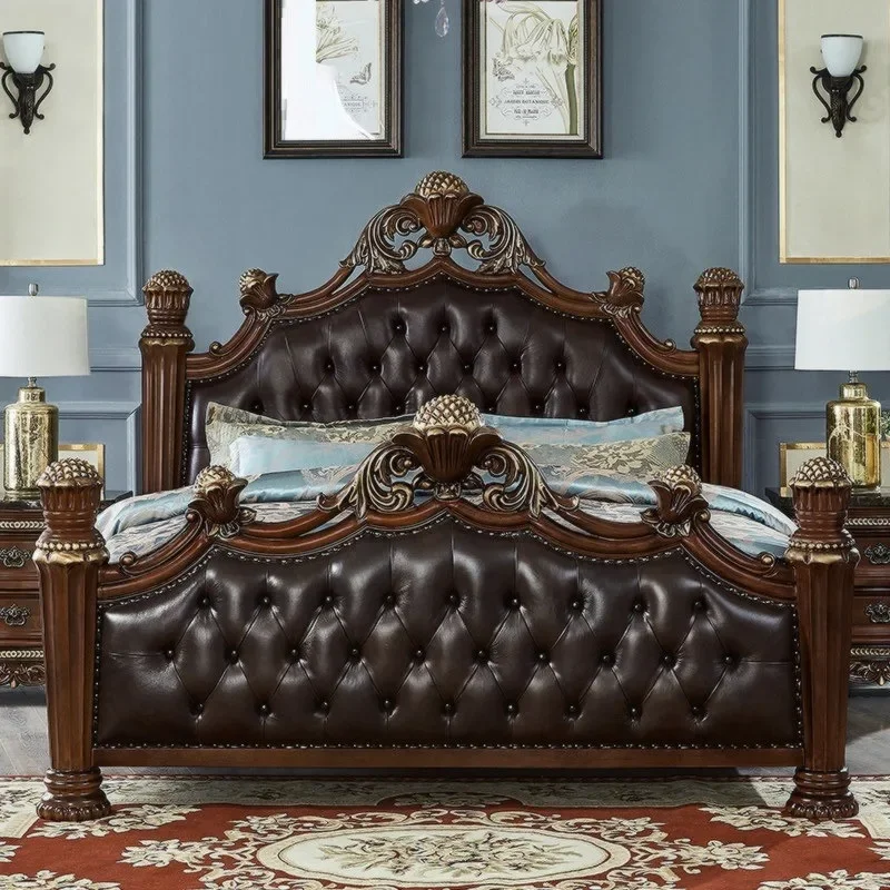 American solid wood leather bed luxury four-poster double bed 1.8 meters master bedroom wedding bed villa furniture antique leat