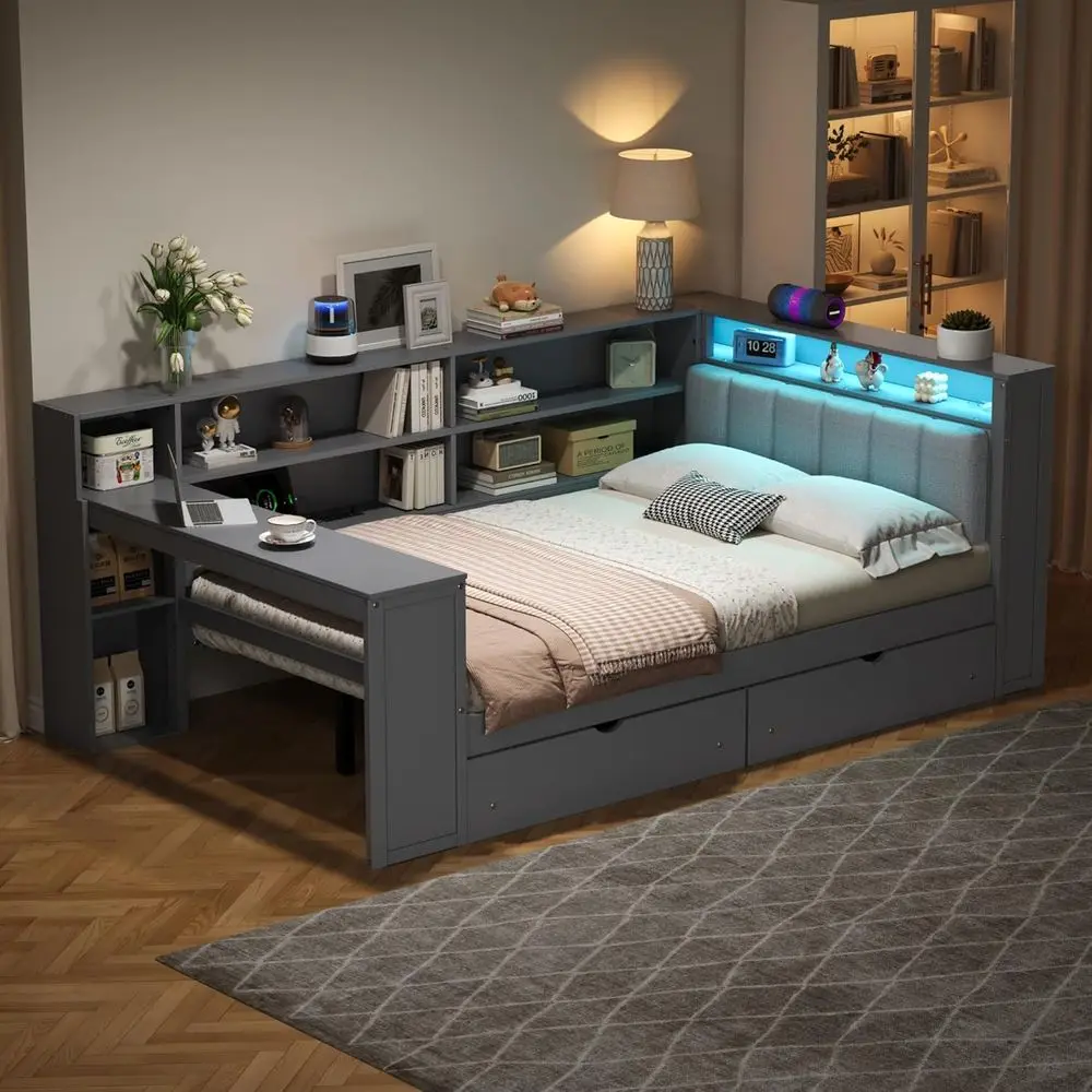 

ull Size Daybed with Desk & LED & Charging Station,Wood Daybed with Storage Ders and Shelves or Kids Teens Adults, Sleeper Soa C