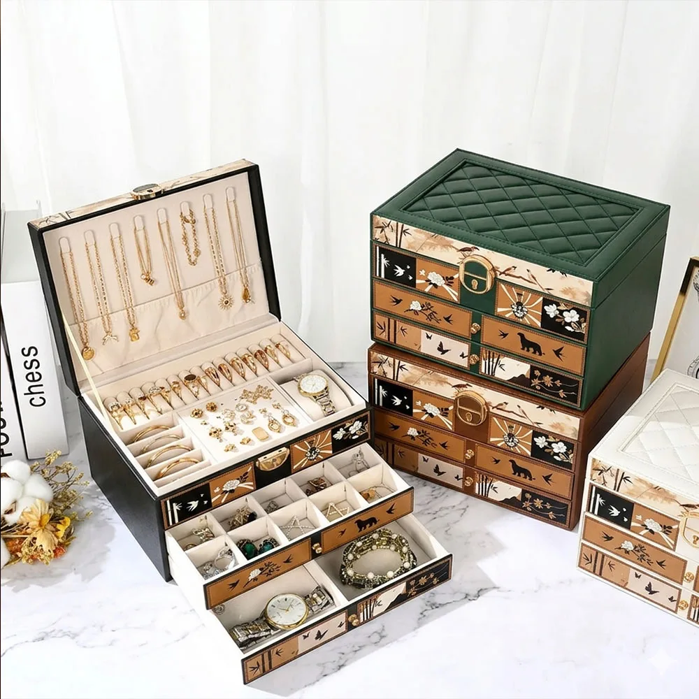 

Кожаная шкатулка для хранения украшений с защитным замком, органайзер для ювелирных изделий с 2 ящиками для серег, ожерелий, браслетов, колец, для демонстрации украшений