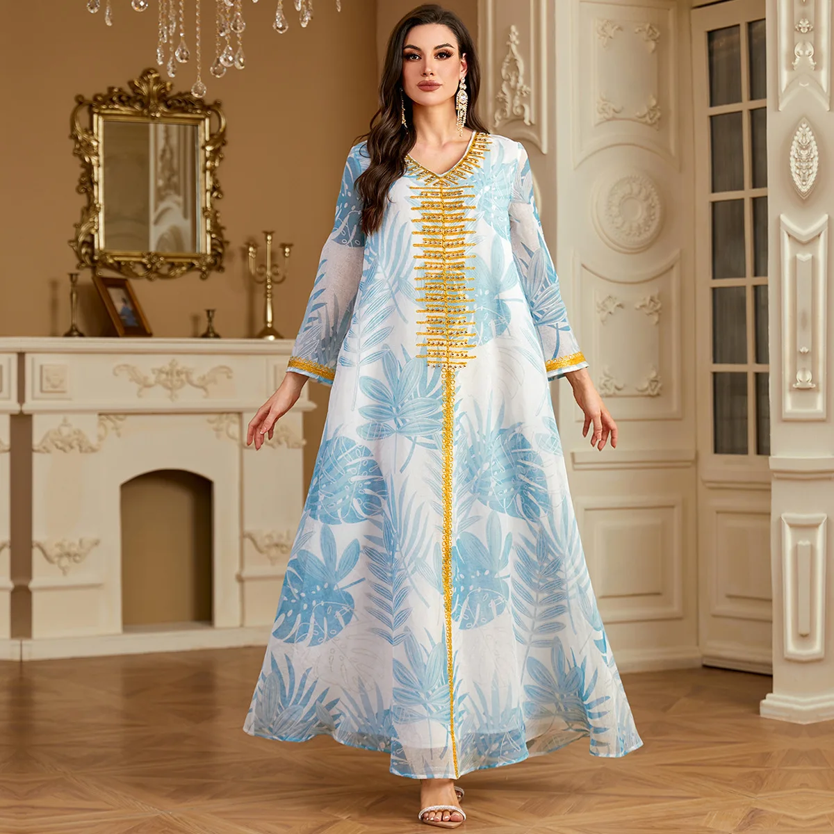 

Muslim Women's 4235 Long Dress Fashion Printed Embroidered V-neck Dubai Abaya Dress Abaya Ramadan Dubai Luxury Islam Elegant