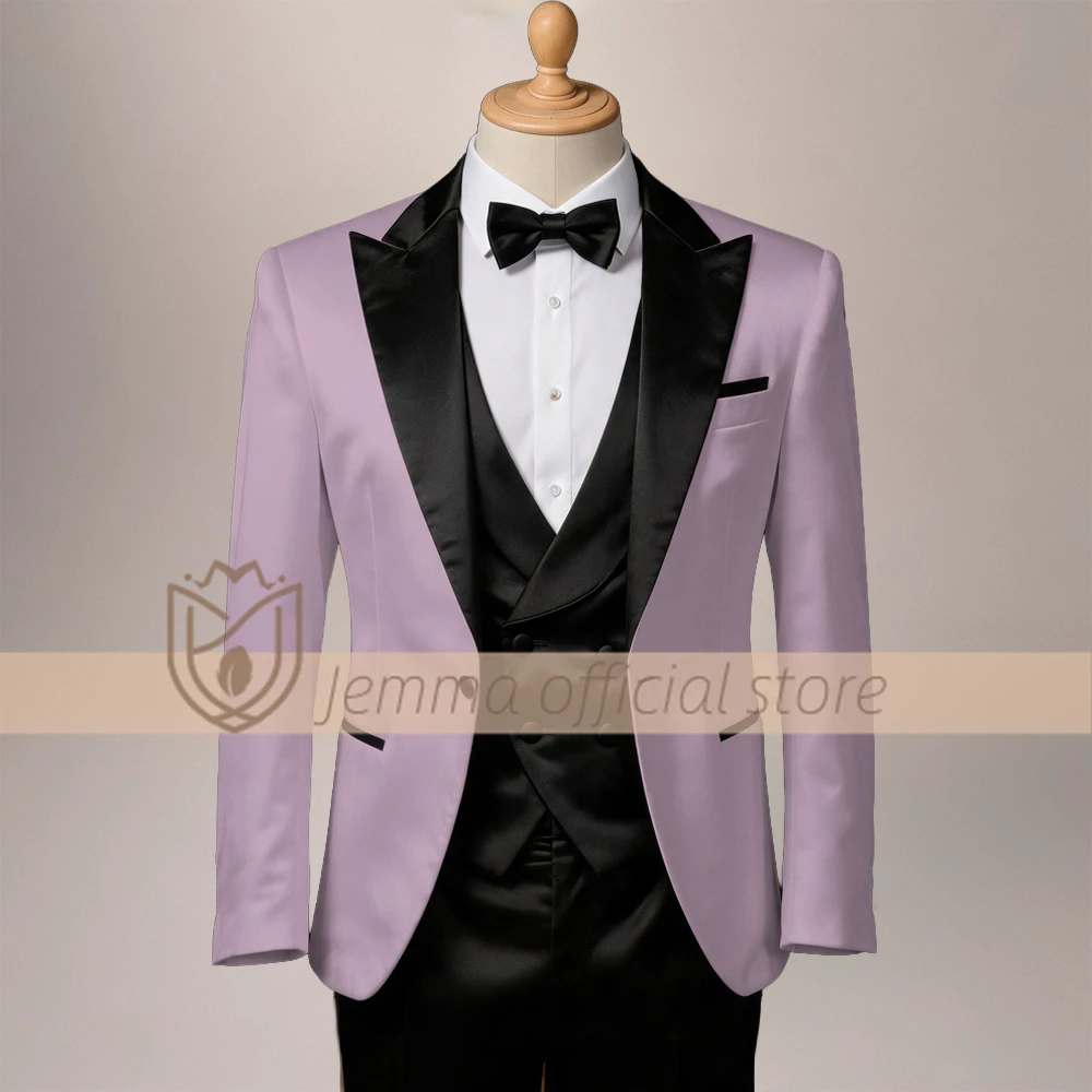 Wedding Suits Man Cream Velvet Jacket+Black Satin Waistcoat Pants Three Piece Wide Shawl Collar Slim Fit Prom Party Suits
