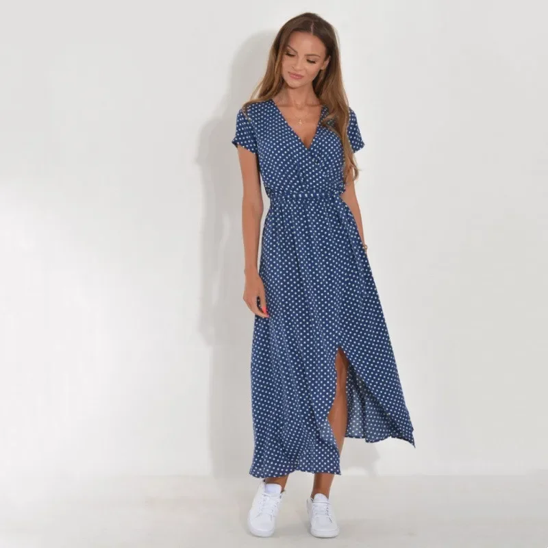 女性ドレス夏のセクシーな V ネックスプリットドット花柄エレガントなカットアウトドレス Vestidos 包帯自由奔放に生きるドレスローブロングエファム