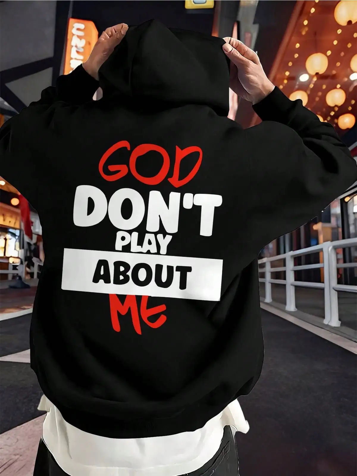 Men Back Print Hoodie, God Don't Play About Me Slogan Text Graphic Hooded Sweatshirt, Faith Street Casual Loose Pullover Hoodie