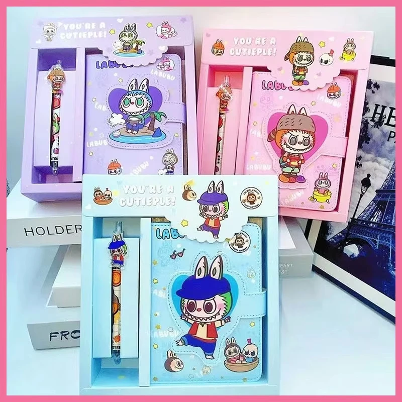 

Labubu Diary Notebook Color Pages Pu Sponge Leather Neutral Pen Set Magnetic Closure Book Gift Kawaii Design School Must Have