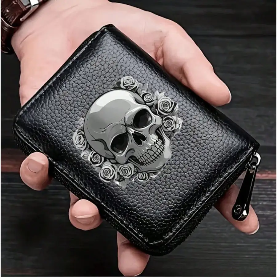 Gothic-Geldbörse mit Totenkopf-Blumendruck, multifunktionaler Kartenhalter, Münzgeldbörse mit Reißverschluss, einzigartiges Geschenk für Männer, Mini-Geldbörse, Kartenhalter – Detail 6