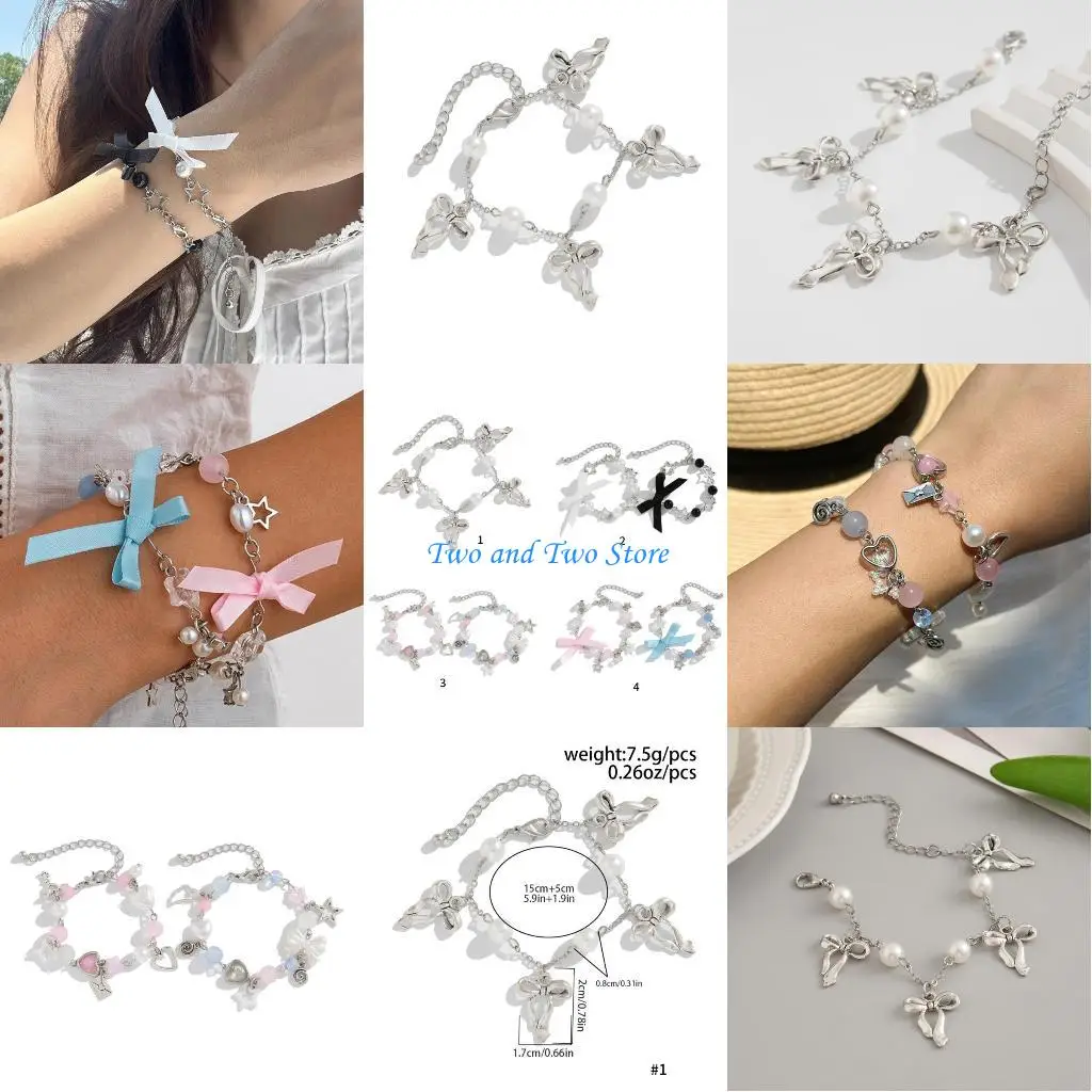 HX6F Bowknot Tassels Bracelet with Faux Pearls Accent Fashionable Bowknot Tassels Bracelet for Girls Showcasing Gracefulness