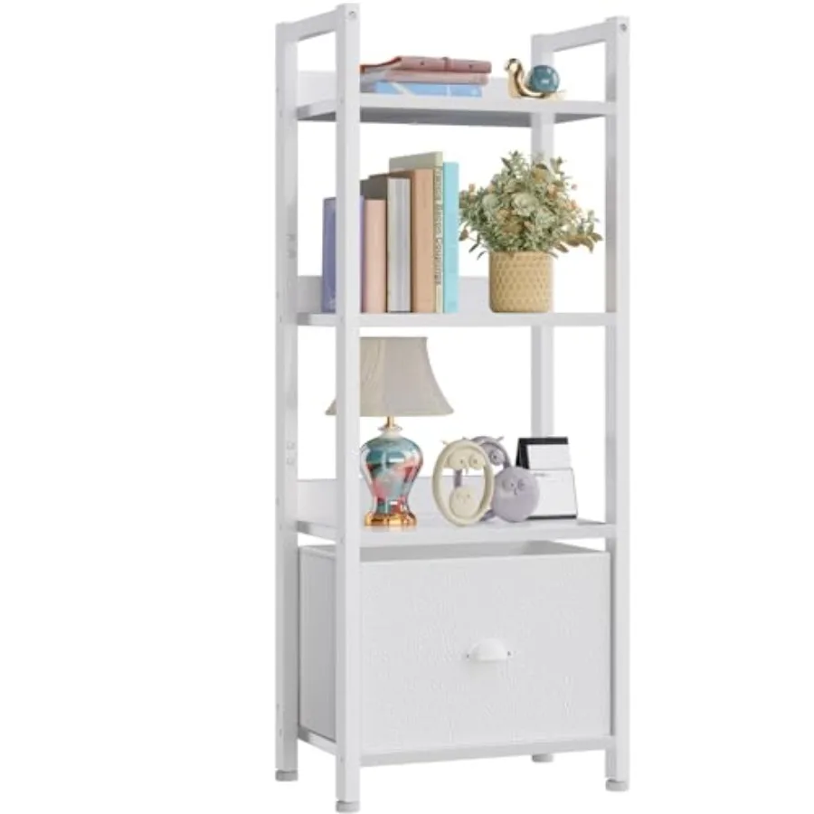 

Bookshelf with Drawer Small Narrow Bookcase with Shelves Modern Free Standing Shelf Unit Wood and Metal Display Storage Shelves