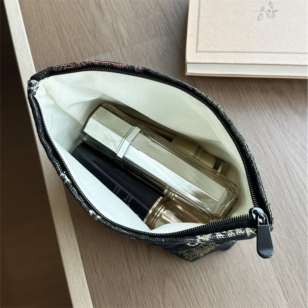Camel Jacquard Cosmetic Bag Multi-Color Toiletry Bag Canvas Inner Makeup Pouch Camel Jacquard Daily Use Makeup Bag For All Data