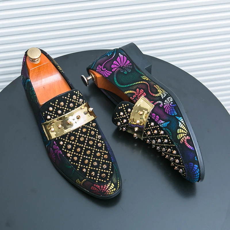 Men's Black Rhinestone Studded Loafers Slip on Large Size 38-47 Colorful Print Formal Party Nightclub Flat Shoes Luxury Loafers