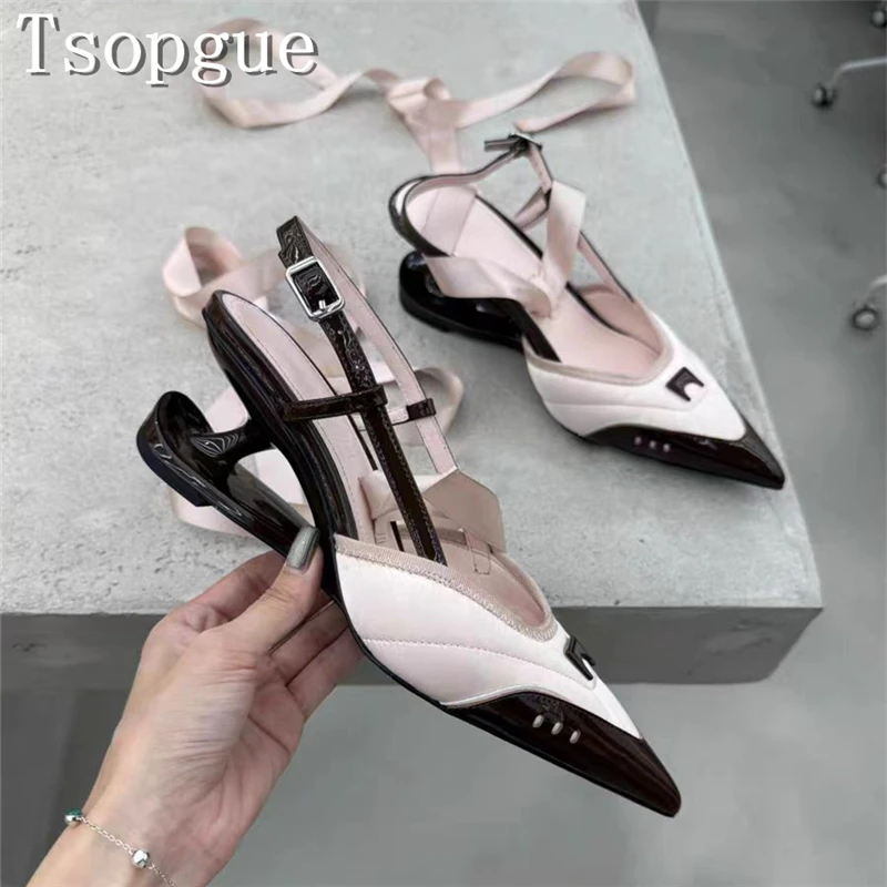 

Women Unique Design Irregular High Heels Pointed Toe Ballet Style Cross Strap Single Shoes Fashion Casual Runway Shoes