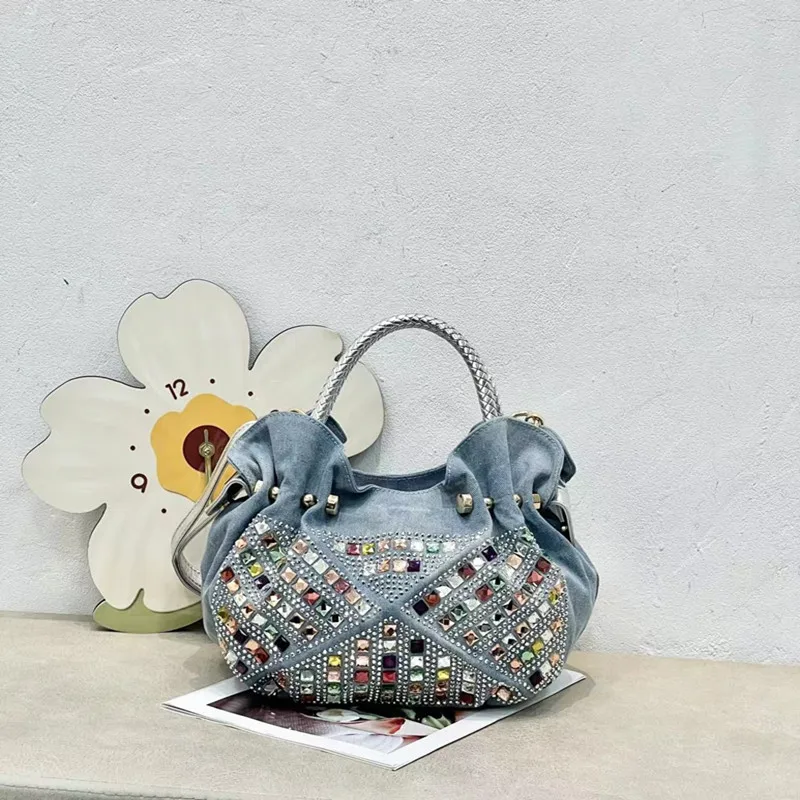 Denim Blue 2024 new Korean mini fashion diamond-encrusted canvas tote Girl denim trend bag crossbody