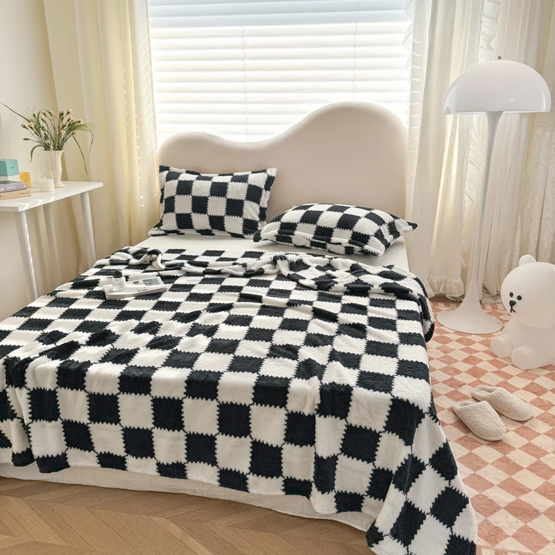 2026 New Thickened Plush Flannel Blanket, Panda Fleece Long Hair Checkered Throw, All Sizes in Stock