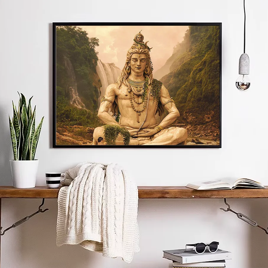 Lord Shiva Meditation Wall Art Canvas Print Hindu God Nature Waterfall Mountain Living Room Decor Picture