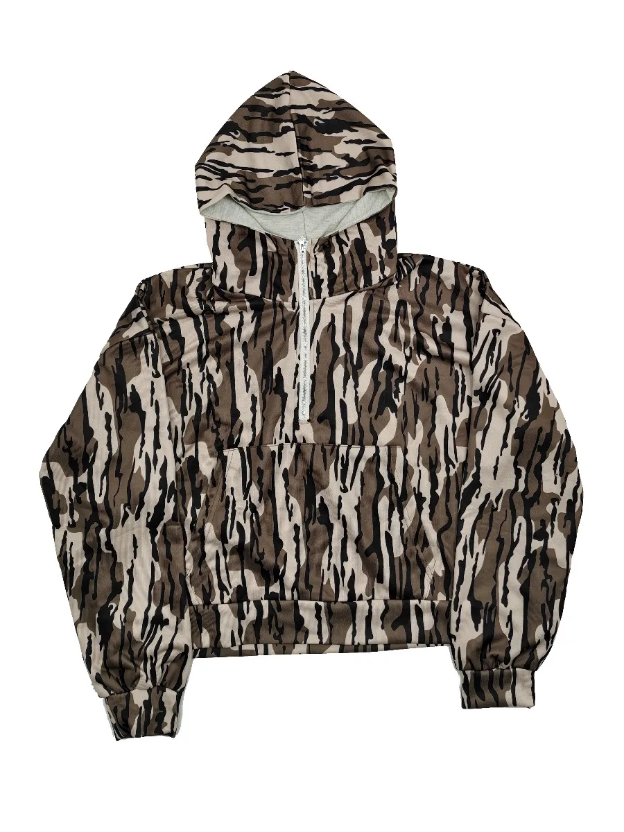 Felpa con cappuccio mimetica ampia Y2k Pullover con zip a un quarto Felpa con mezza zip con maniche Tasche Felpe con cappuccio mimetiche