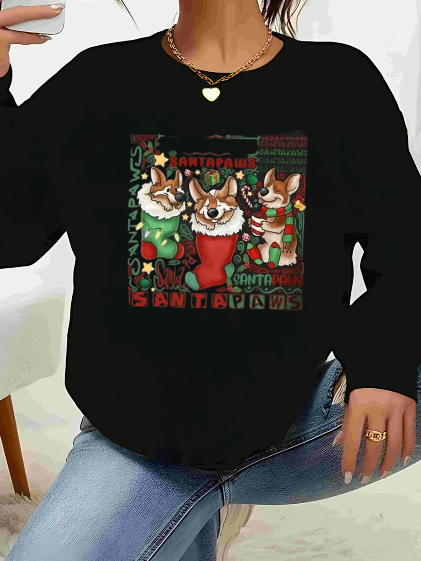 

Свитер с длинными рукавами и рождественским принтом Corgi Santa Paws, праздничный повседневный женский топ