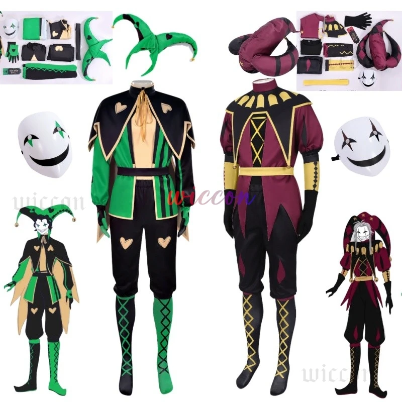 Rojo verde payaso Freak circo Pierrot Cosplay arlequin máscara sombrero Halloween Unisex ropa de juego de rol
