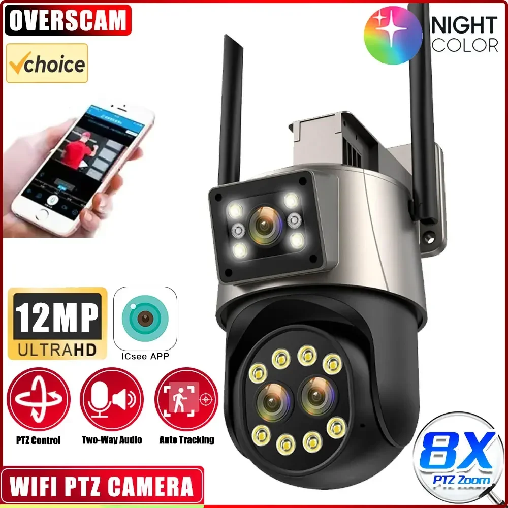 

IP Camera 6K 12MP HD WiFi Outdoor Camera 8x Zoom Three Lens Dual Screen Home Security PTZ Camera 6MP Video Surveillance iCSee