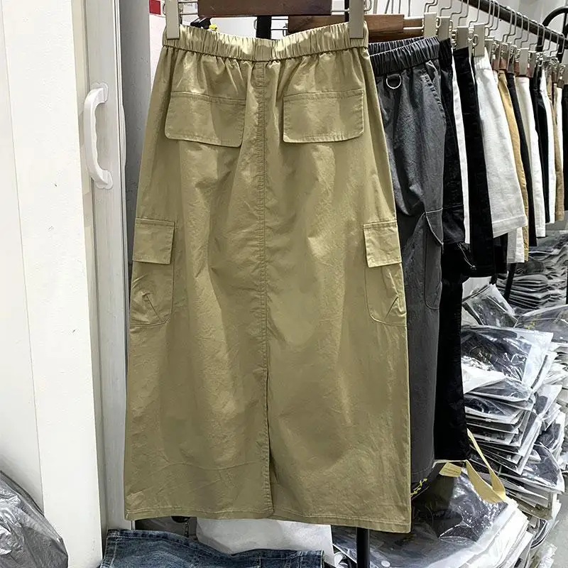 Retro Elastic High Waist Tooling Skirt Women's Casual Loose Flap Pocket Drawstring Midi Cargo Skirts