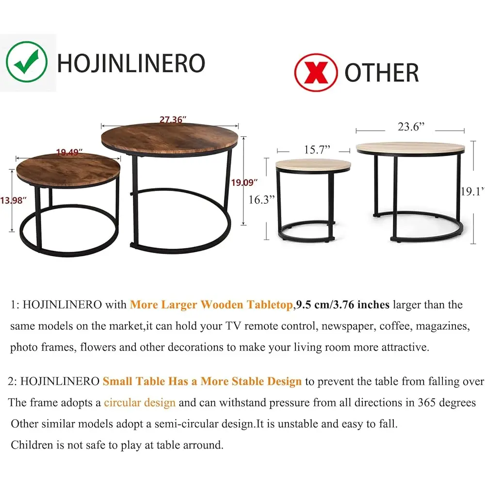 Industrial Round Coffee Table Set Of 2 End Table For Living Room,Stacking Side Tables, Sturdy And Easy Assembly,Wood Look