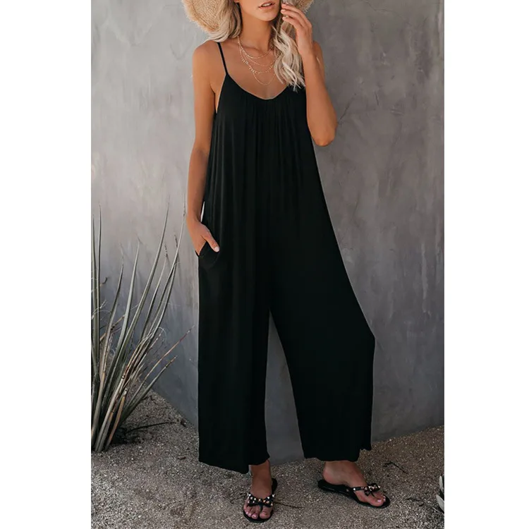 Suspenders Jumpsuit Female 2023 Summer New Fashion Loose Solid Color Pocket Casual Wide Leg Jumpsuit