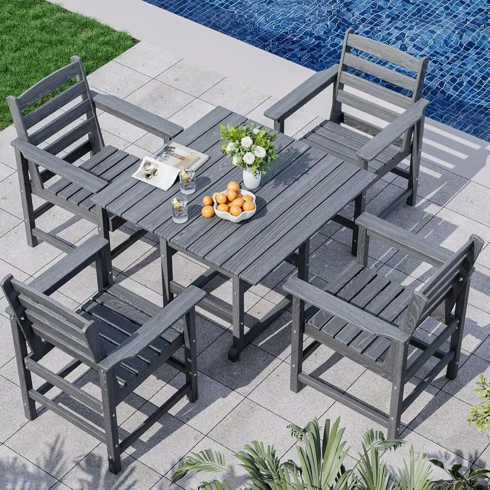 

All-Weather 5-Piece HDPE Outdoor Dining Set with Armrests, Wood-Grain Design, Gray