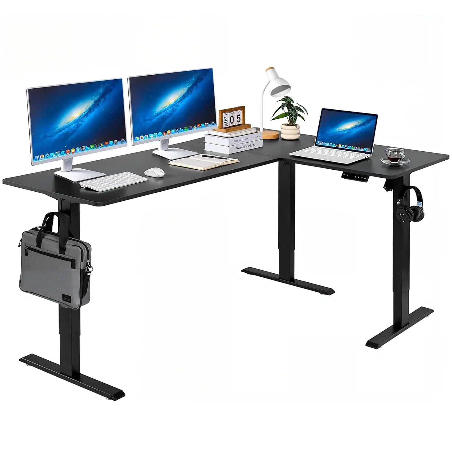 L Shaped Standing Desk 71x47 Inch Electric Height Adjustable Dual Motor Corner Workstation with Hooks, Customized
