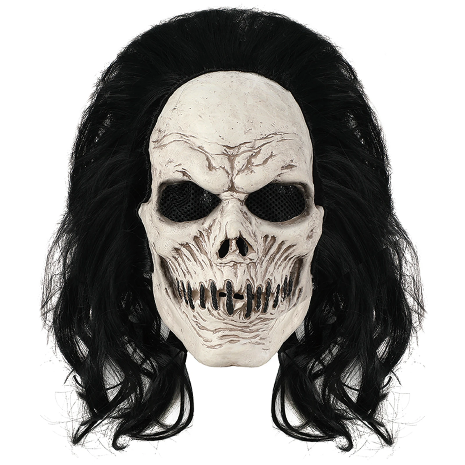 

1PC White Skeleton Long Hair Mask Latex Horror Headset Prank Scary Costume Prop Party Decoration
