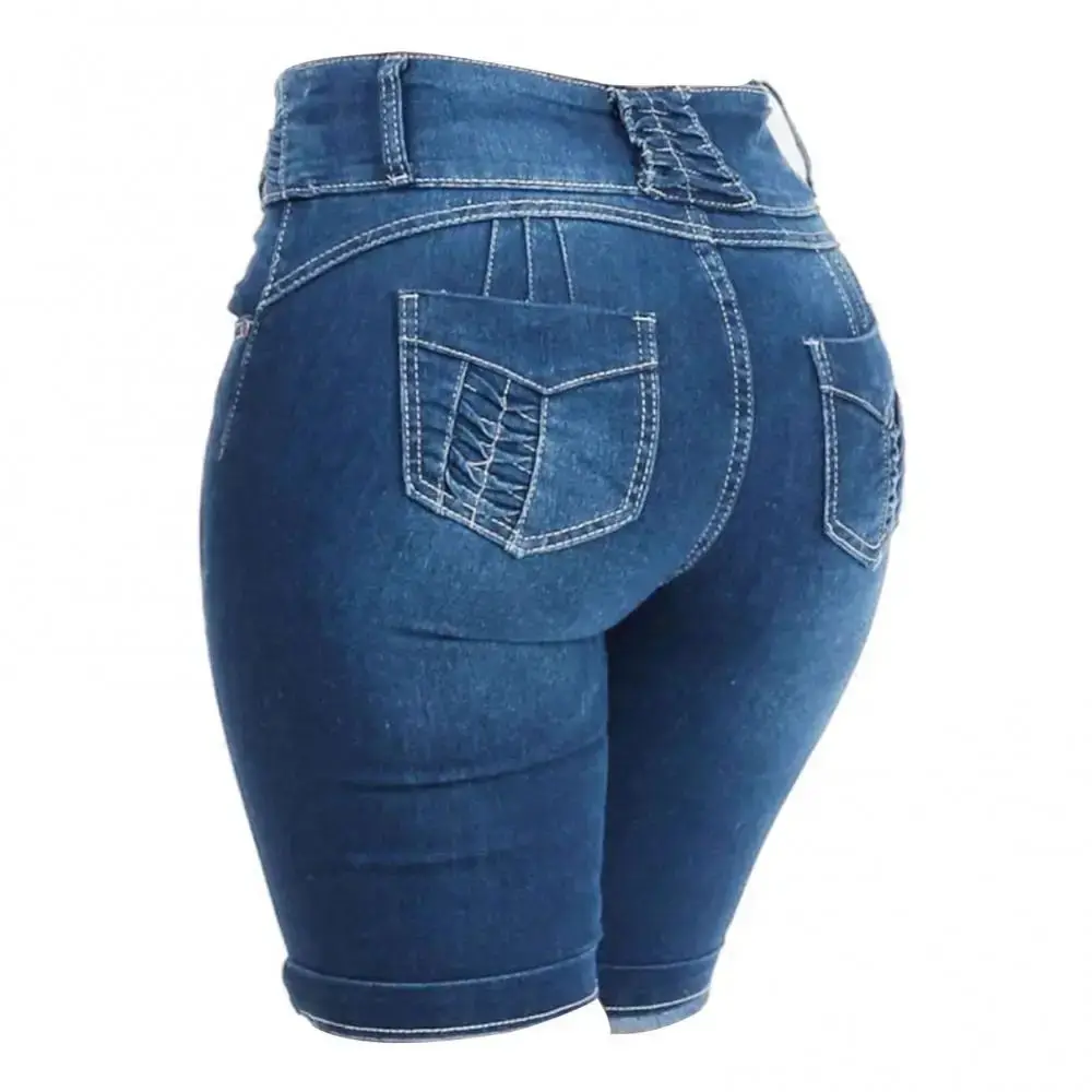 

Fashion Women's Skinny Slim Fit Denim Shorts Summer Pants High Waist PU Elastic Bandage Ladies Jeans Short Length